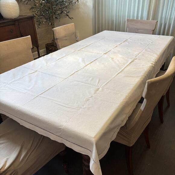 Vintage Other - Linen Blend Hemstitch Tablecloth Rectangular 100x116 White Large Long